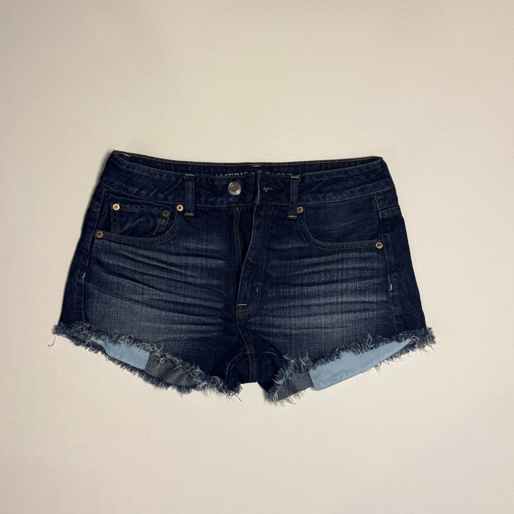 American Eagle Dark Wash Denim Frayed Hem Shorts